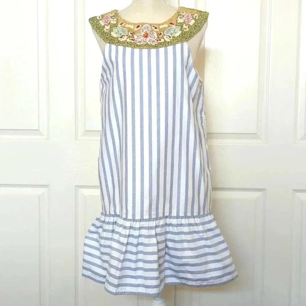 Alice + Olivia Stripe Dress with Beaded and  Embroidered Floral Neckline